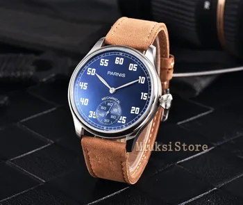 44 мм Parnis Синий циферблат Светящийся 6498 Ручной Завод Кожаный Дата Механические Модные мужские наручные часы 2525